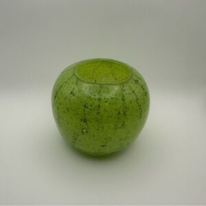 Mid-Century Bohemian Black Flecked Green Round Vase  Hand Blown Glossy Art Glass